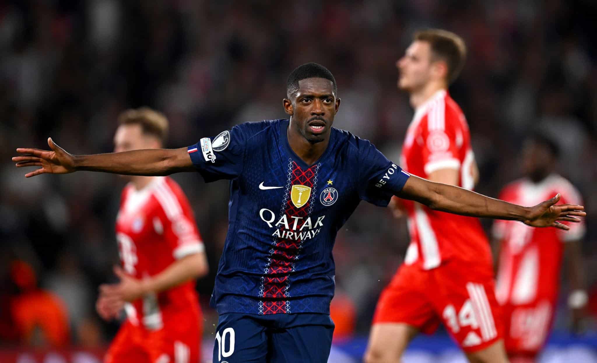 PSG star, Ousmane Dembele celebrates after scoring against Bayern Munich in the Champions League.