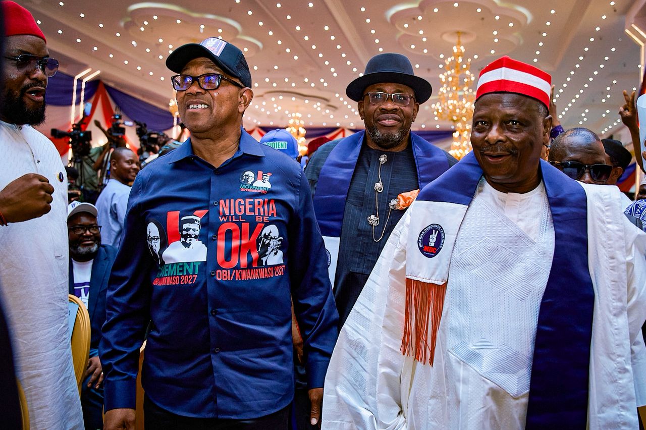 Peter Obi, Seriake Dickson, Rabiu Kwankwaso at the NDC National Convention in Abuja