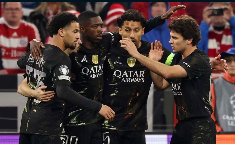 PSG players celebrate their win over Bayern Munich.
