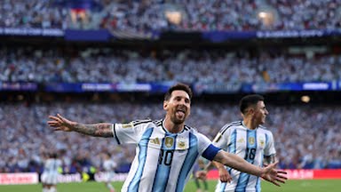 Lionel Messi celebrates after scoring against Algeria during the 2026 FIFA World Cup.
