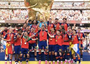 Spain celebrate lifting the FIFA World Cup 2026 trophy after defeating Argentina in the final